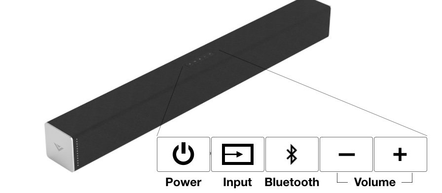 The top of the Vizio soundbar, showing the power, input, Bluetooth, volume and settings buttons.