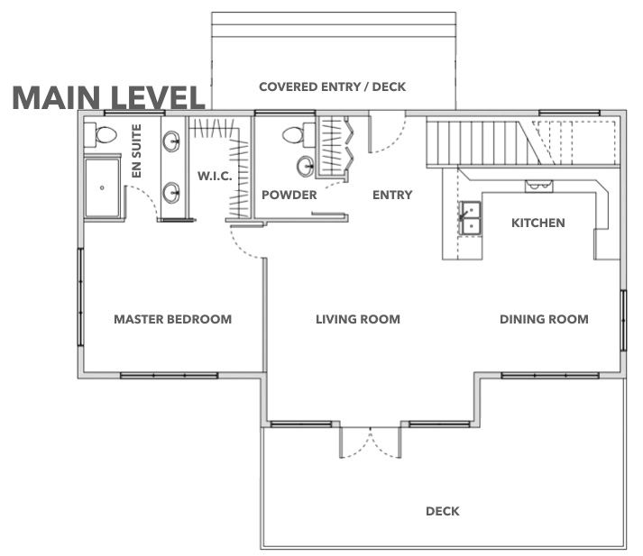 Main-level floor plan: living, dining, kitchen, primary bedroom, powder room and deck