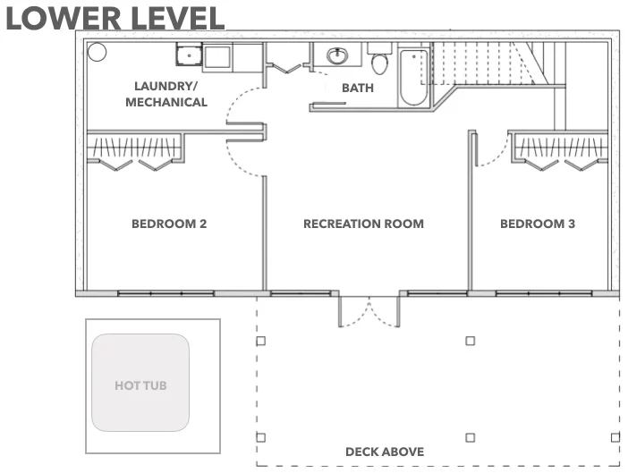 Lower-level floor plan: rec room between two bedrooms, bath, laundry and hot tub patio